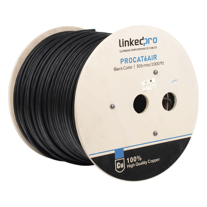 Bobina de Cable FTP con Mensajero de Acero de 305 Metros (1000 Pies) Cat6+ Calibre 23, Color Negro, para Aplicaciones en Video Vigilancia y Redes de