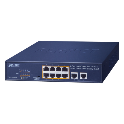 Switch de Escritorio No Administrable / 8 Puertos 10/100/1000T PoE+ 802.3at / 2 Puertos Uplink 10/100/1000T / Presupuesto PoE 120 Watts / Modos