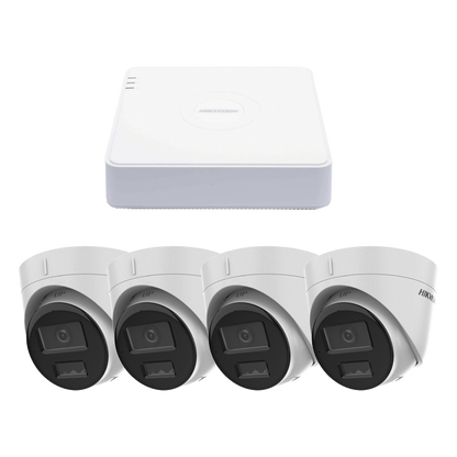 Kit IP 1080p (2 Megapixel) / NVR de 4 Canales con 4 Puertos PoE / 4 Cámaras IP Turret con Micrófono Integrado / ColorVu y ACUSENSE Lite