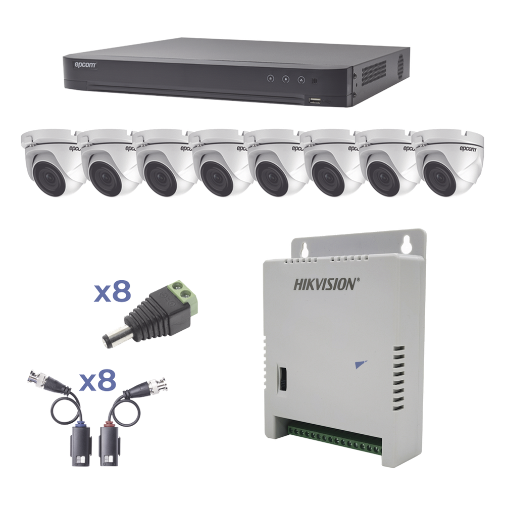 KIT TurboHD 1080p / DVR 8 Canales / 8 Cámaras Eyeball (exterior 2.8 mm) / Transceptores / Conectores / Fuente de Poder Profesional hasta 15 Vcc para