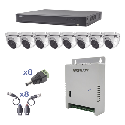 KIT TurboHD 1080p / DVR 8 Canales / 8 Cámaras Eyeball (exterior 2.8 mm) / Transceptores / Conectores / Fuente de Poder Profesional hasta 15 Vcc para