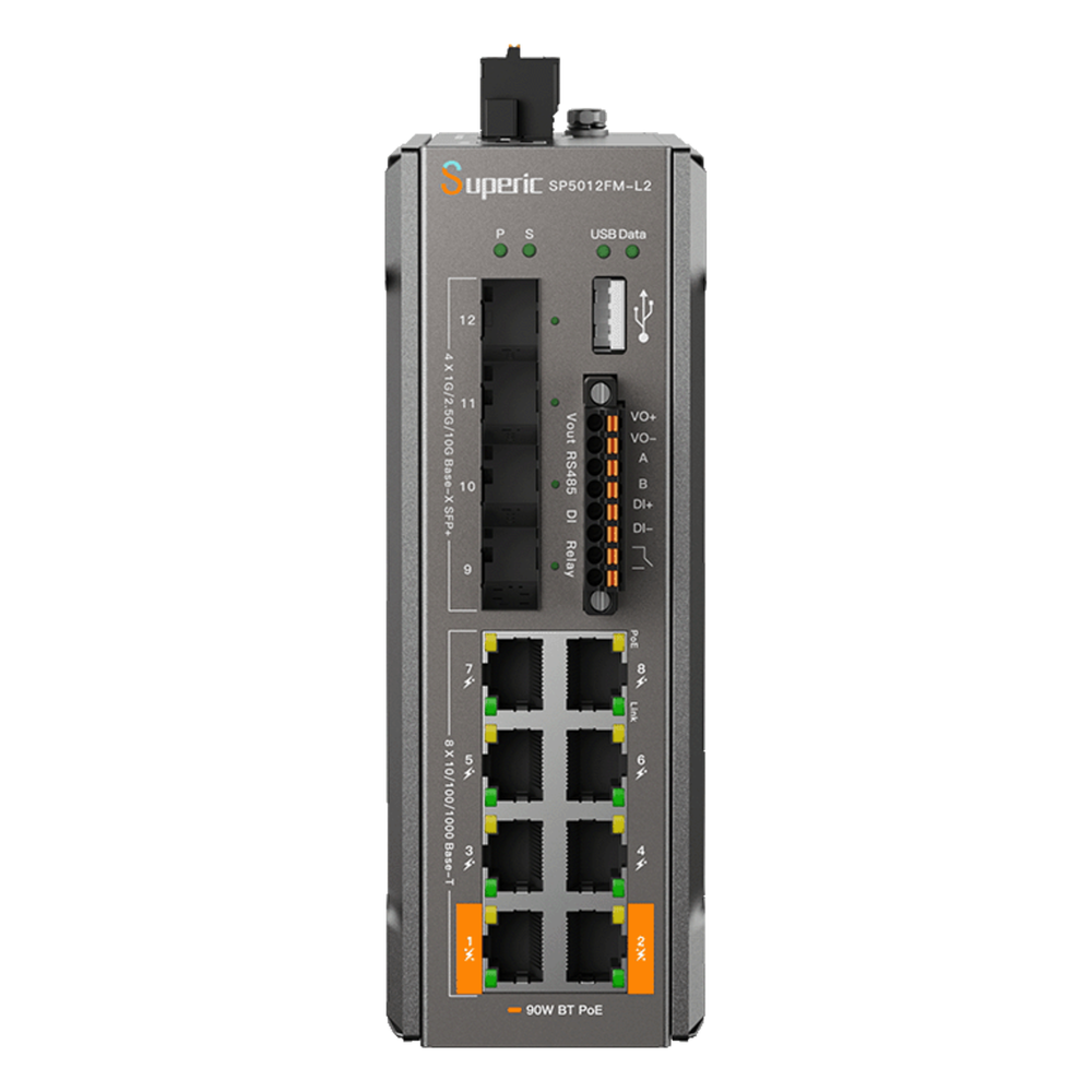Switch de Red SP5012FM-L2 (V2) / 8 Puertos 10/100/1000Mbps PoE / 4 Puertos SFP 1000M/2.5G/10Gbps / Capacidad de Conmutación 96Gbps / Presupuesto PoE