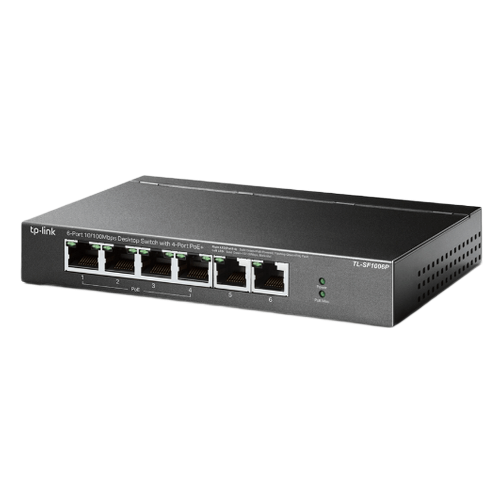 Switch PoE no Administrable de escritorio / 6 puertos 10/100 Mbps / 4 puertos PoE af/at / Presupuesto 67 W / Modo Extensor hasta 250 m / Calidad