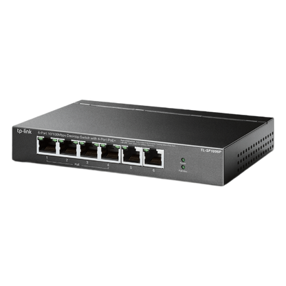 Switch PoE no Administrable de escritorio / 6 puertos 10/100 Mbps / 4 puertos PoE af/at / Presupuesto 67 W / Modo Extensor hasta 250 m / Calidad