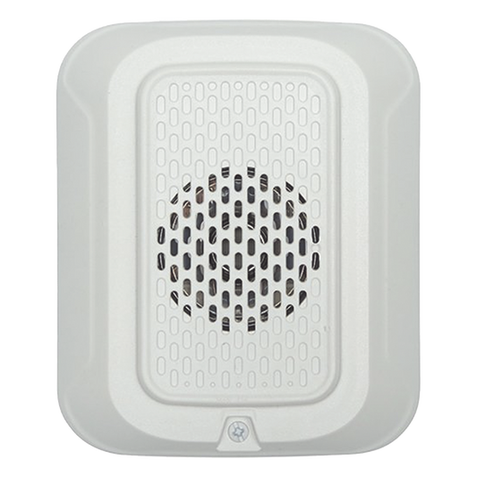 Sonorizador de baja frecuencia de 520 Hz para pared, 24 Vcd, cumple NFPA 72 en áreas de descanso, tonos temporal y continuo, color blanco