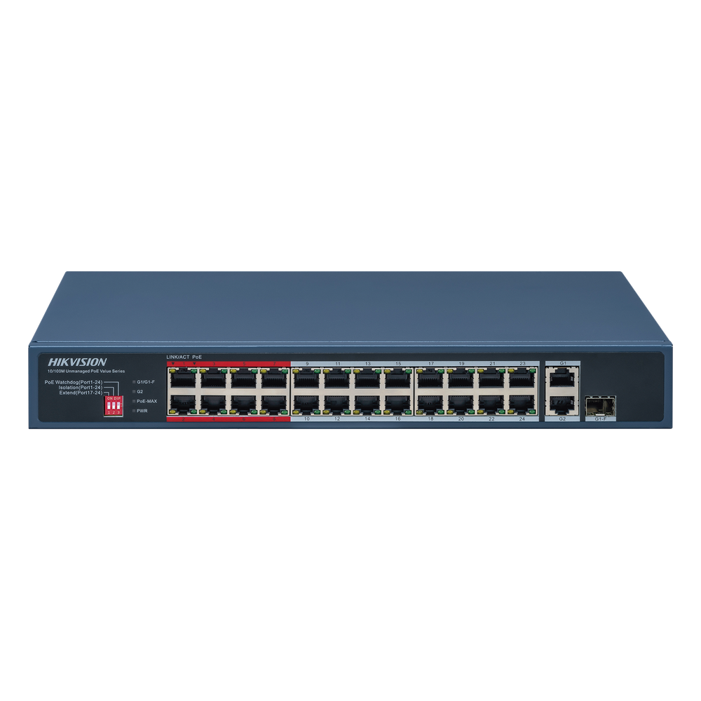 Switch PoE+ / No Administrable / 24 Puertos 10/100 Mbps PoE+ / 2 Puertos 1000 Mbps Uplink / 1 Puerto SFP Uplink / Modo Extendido hasta 300 Metros