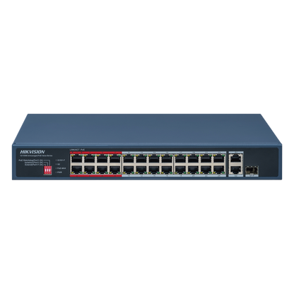 Switch PoE+ / No Administrable / 24 Puertos 10/100 Mbps PoE+ / 2 Puertos 1000 Mbps Uplink / 1 Puerto SFP Uplink / Modo Extendido hasta 300 Metros