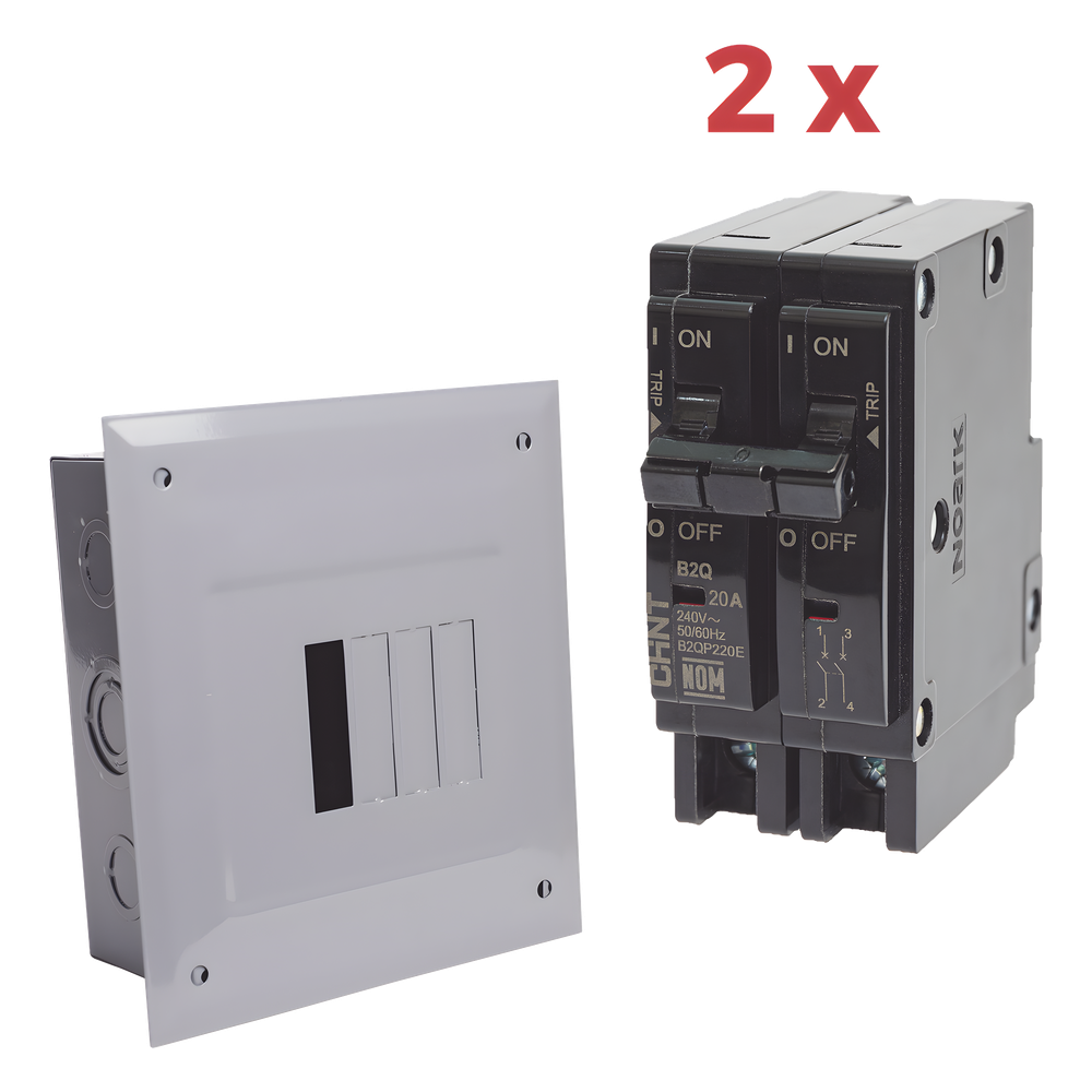 Kit Centro de Carga 4P para empotrar con 2 Interruptores Térmicos de 2 Polos, 20Amp 120/240Vca 10kA.