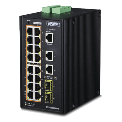 Switch Industrial Administrable 16 puertos 10/100/1000 T 802.3at PoE + 2 Puertos 10/100/1000 T + 2 puertos 100/1000 X SFP