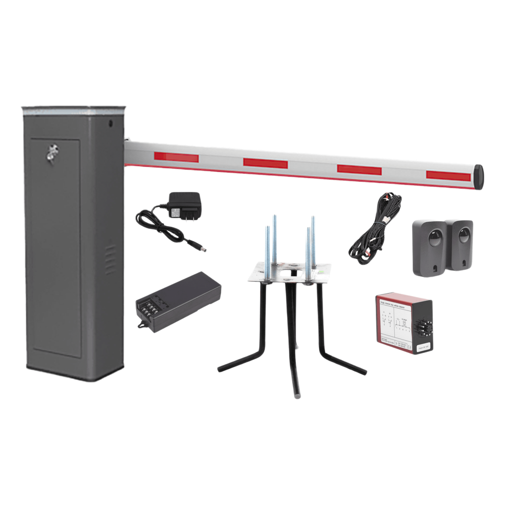 Kit COMPLETO Barrera Derecha XBS Con Corona LED / Brazo Iluminado de 5M / Incluye Sensor de Masa, Transformador, Lazo Magnético, Ancla, Fotoceldas y