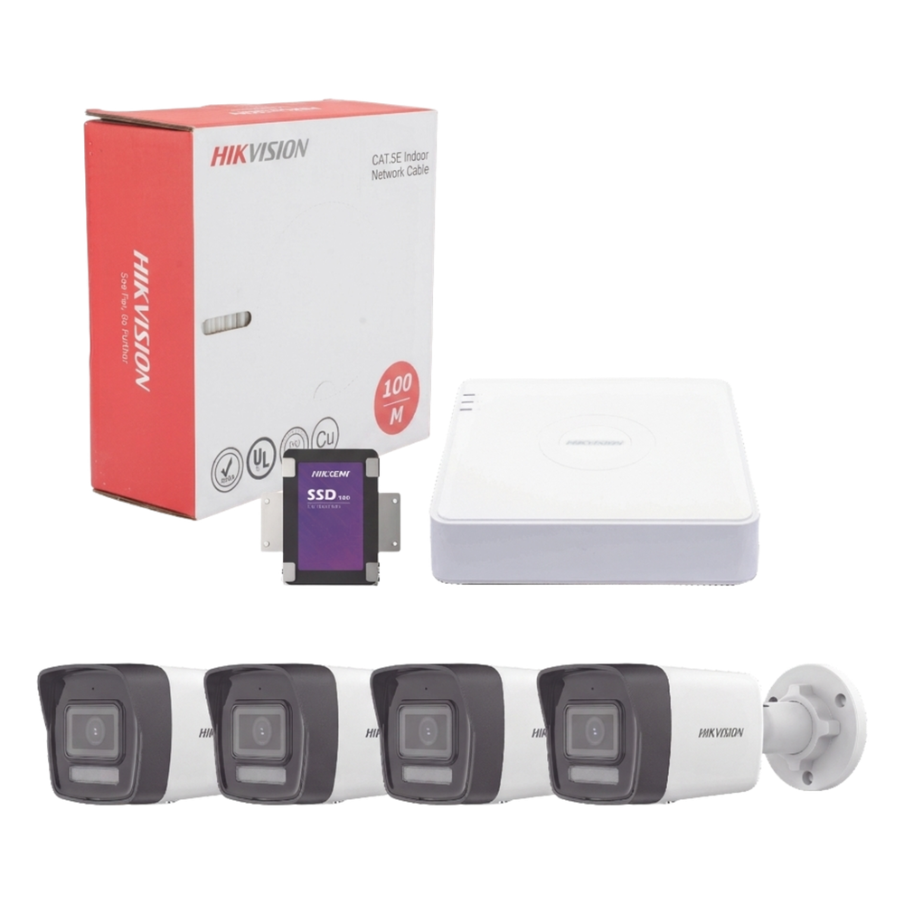 Kit IP 4 Megapixel / NVR de 4 Canales con 4 Puertos PoE / 4 Cámaras IP Bala Dual Light (IR + Luz Blanca) con Microfono Integrado y ACUSENSE Lite para