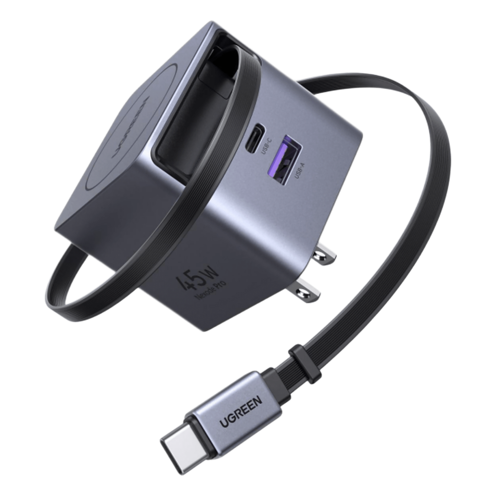 Cargador Rápido UGREEN 45W GaN / Cable Retráctil 0.7m / 3 Puertos USB-C + USB-A / Tecnología GaNInfinity 95% Eficiencia / 8 Capas Protección / Carga