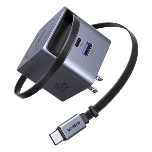 Cargador Rápido UGREEN 45W GaN / Cable Retráctil 0.7m / 3 Puertos USB-C + USB-A / Tecnología GaNInfinity 95% Eficiencia / 8 Capas Protección / Carga