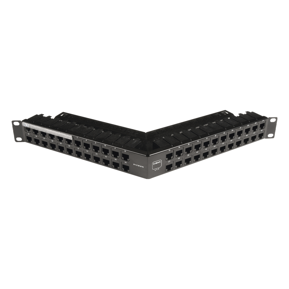 Patch Panel Z-Max de 48 Puertos, Blindado, Precargado con Jacks Categoría 6A, Angulado, 1UR