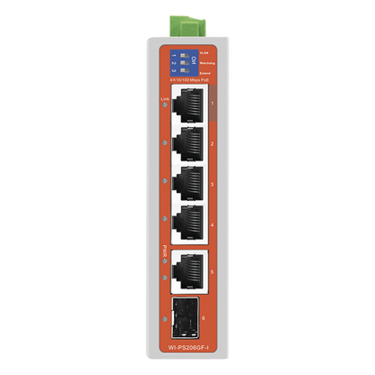 Switch Industrial / 4 Puertos 10/100 Mbps con PoE 802.3af/at / 2 Puertos Uplink Gigabit (1 Rj45 - 1 SFP) / PoE Hasta 250 m