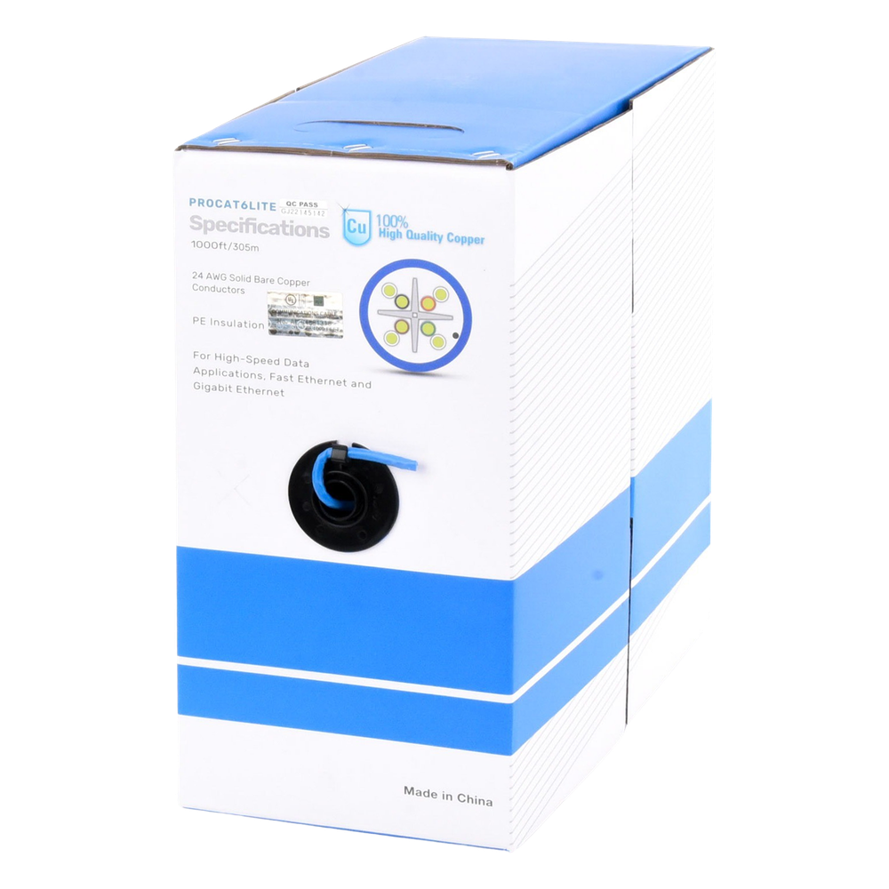 Bobina de Cable de 305 Metros (1000 Pies) Cat6, CM, 24 AWG, Alto Rendimiento, ETL, UL, Color Azul, Super Flexible, para Aplicaciones de