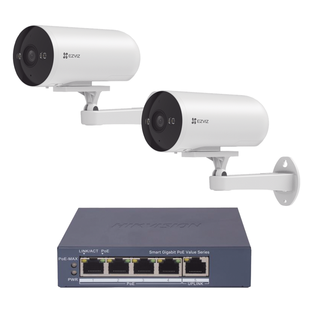 Kit de cámaras PoE Para Uso en Exterior / PoE Estandar Af / 2 piezas CS-H5/3MP/ 1 Pieza de Switch DS-3E1505P-EI/M / Vision Nocturna a Color / IP67