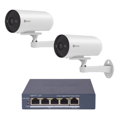 Kit de cámaras PoE Para Uso en Exterior / PoE Estandar Af / 2 piezas CS-H5/3MP/ 1 Pieza de Switch DS-3E1505P-EI/M / Vision Nocturna a Color / IP67