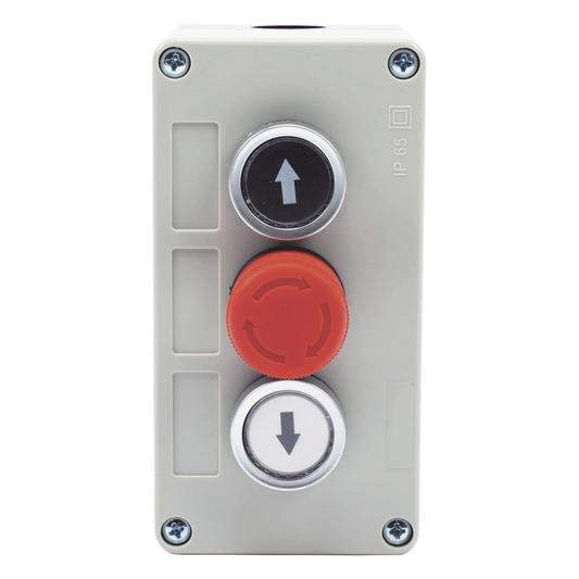 Botonera Triple con Boton de Stop Tipo Enclavado / Para Barreras Vehiculares, Operadores Corredizos y Abatibles.