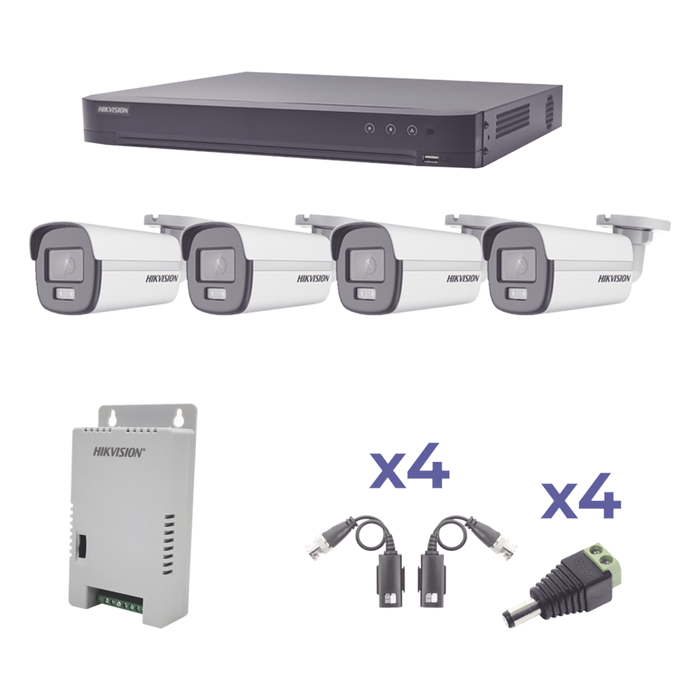 KIT COLORVU TURBOHD 1080p / DVR 4 Canales / 4 Cámaras Bala (exterior) lente 2.8mm / Fuente de poder profesional / Transceptores de video y Accesorios