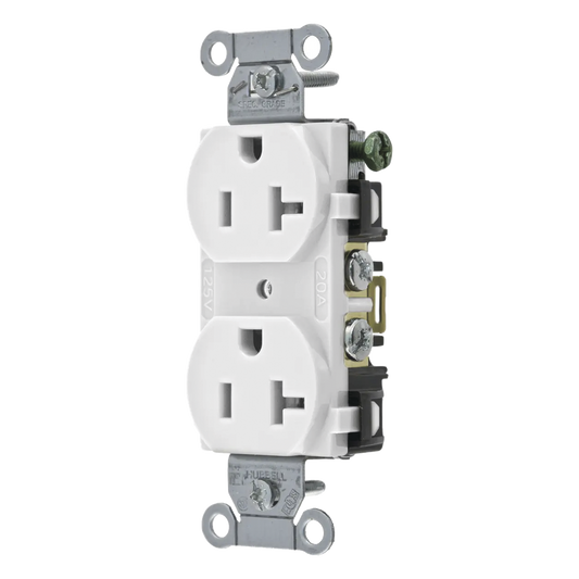 Contacto Dúplex 20 A, 125 V, 2 Polos, 3 Hilos, Cableado Posterior y Lateral, Color Blanco (Nema 5-20R).