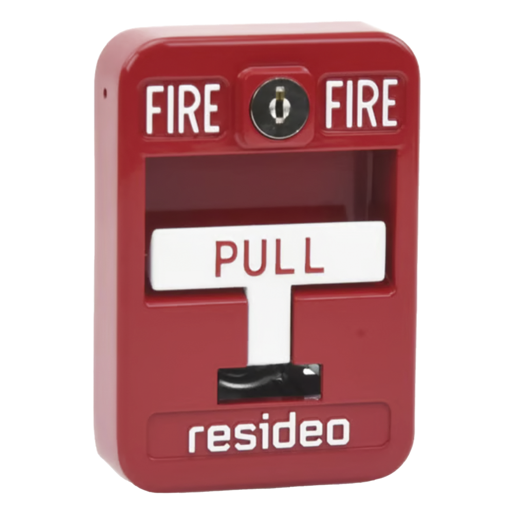 Estación manual de jalón contra incendio de acción simple, reset con llave, cumple ADA, carcasa de aluminio fundido
