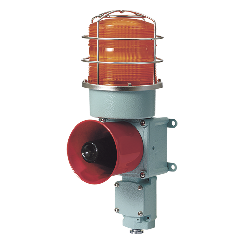 Combinación de Luz Giratoria LED y Bocina Eléctrica / WS-5 Sonidos de Advertencia / 120dB Máx. / AC120V / IP66 / Lente Ámbar / Carcasa de Aluminio