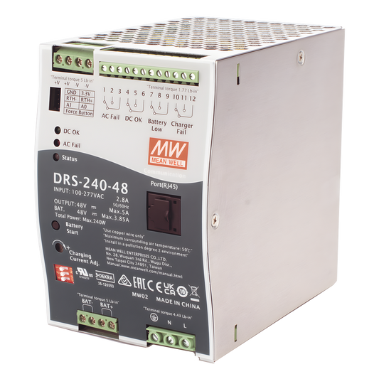 Fuente de Poder Industrial de 240W con Cargador de Baterías, salida 48Vcc, 5A, para montaje Riel Din