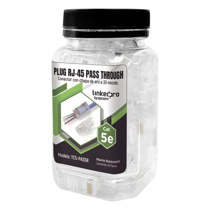 Bote con 50 Plugs Pass through RJ45 Cat5e sin blindaje, con alivio de tensión incluido, chapado de oro a 30 micras para durabilidad extrema