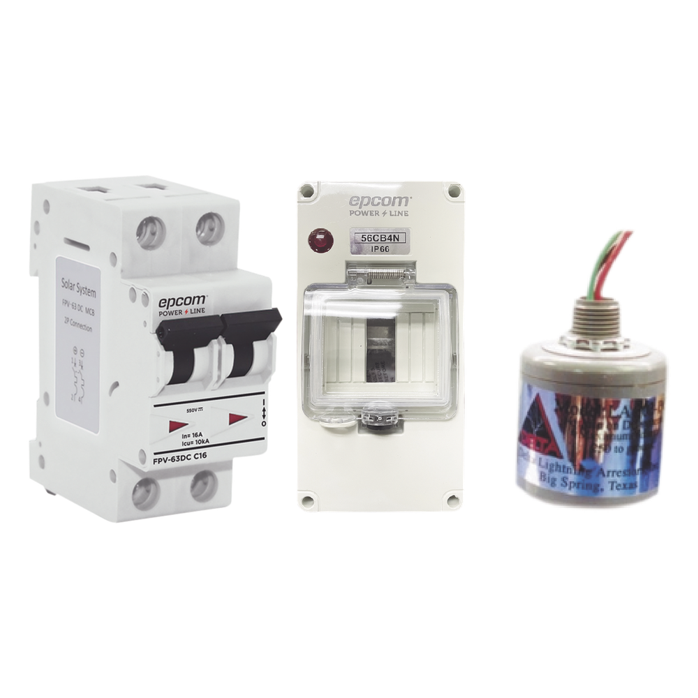 Kit de Centro de Carga Para Corriente Directa, Breaker de hasta 800 Vcc de 32 A con Supresor de Descargas Atmosféricas.