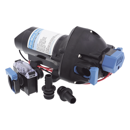 Bomba controlada por presión Par Max a 12 Vcd, caudal de 2 GPM, presión máxima 35 psi, para manguera de entrada con orificio de 38 mm (1½”), manguera