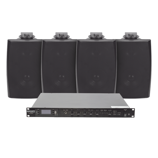 KIT de Amplificador de Audio 120W para Rack | 4 Altavoces de Pared color Negro 2.5W - 20W | Sistema 70/100V