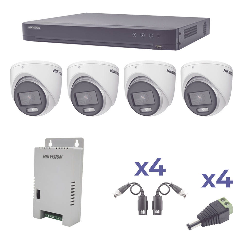 KIT COLORVU TURBOHD 1080p / DVR 4 Canales / 4 Cámaras eyeball (exterior) lente 2.8mm / Fuente de poder profesional / Transceptores de video y