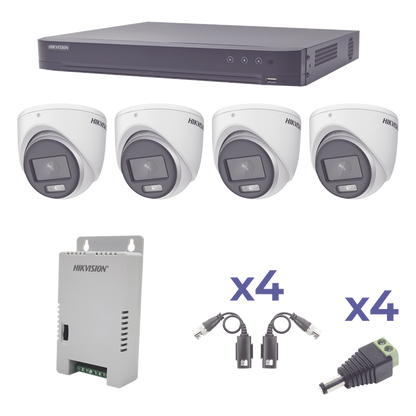 KIT COLORVU TURBOHD 1080p / DVR 4 Canales / 4 Cámaras eyeball (exterior) lente 2.8mm / Fuente de poder profesional / Transceptores de video y