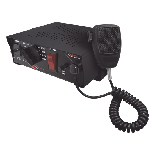 Sirena Vehicular de 100W de Potencia, Con Switch Giratorio de 6 posiciones y Micrófono Integrado de Uso Rudo