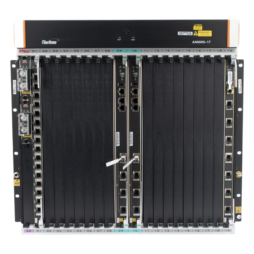 OLT Carrier Class Modular GPON, 16 Ranuras de Servicio, Incluye 1 Tarjeta de Servicio, crecimiento hasta 256 puertos GPON o 128 XGPON, Gestión por