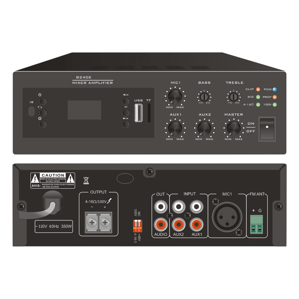 Amplificador Digital Mini MP3 con Bluetooth | 240W | Entrada XLR Micrófono 48V | 2 Entradas RCA | USB y TF Card | FM Radio | Control Remoto |