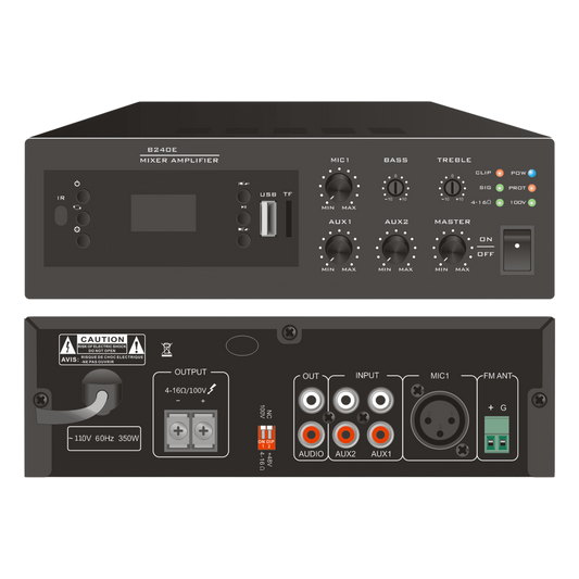 Amplificador Digital Mini MP3 con Bluetooth | 240W | Entrada XLR Micrófono 48V | 2 Entradas RCA | USB y TF Card | FM Radio | Control Remoto |