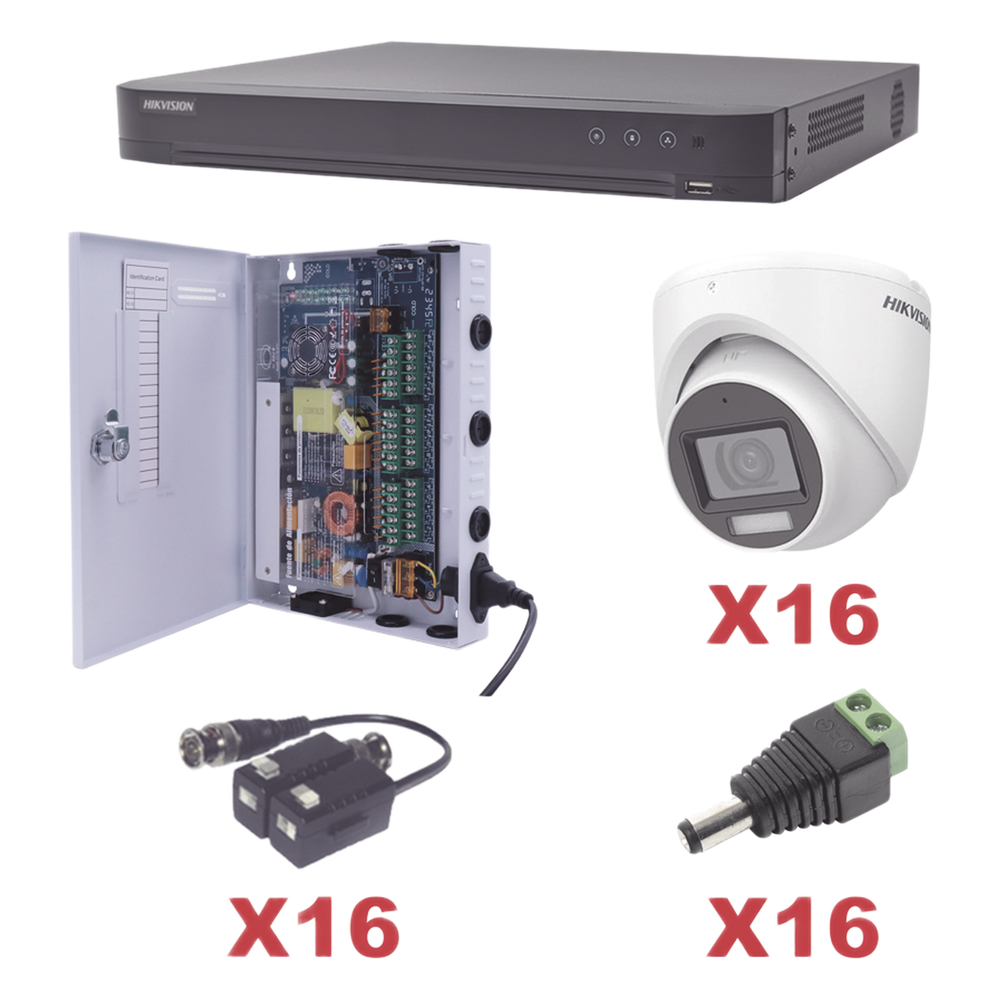 KIT TurboHD 1080p / DVR 16 Canales / 16 Cámaras Turret con Audio Integrado (Exterior 2.8 mm) / Transceptores / Conectores / Fuente de Poder