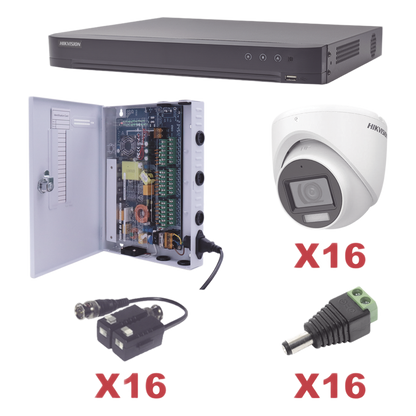 KIT TurboHD 1080p / DVR 16 Canales / 16 Cámaras Turret con Audio Integrado (Exterior 2.8 mm) / Transceptores / Conectores / Fuente de Poder