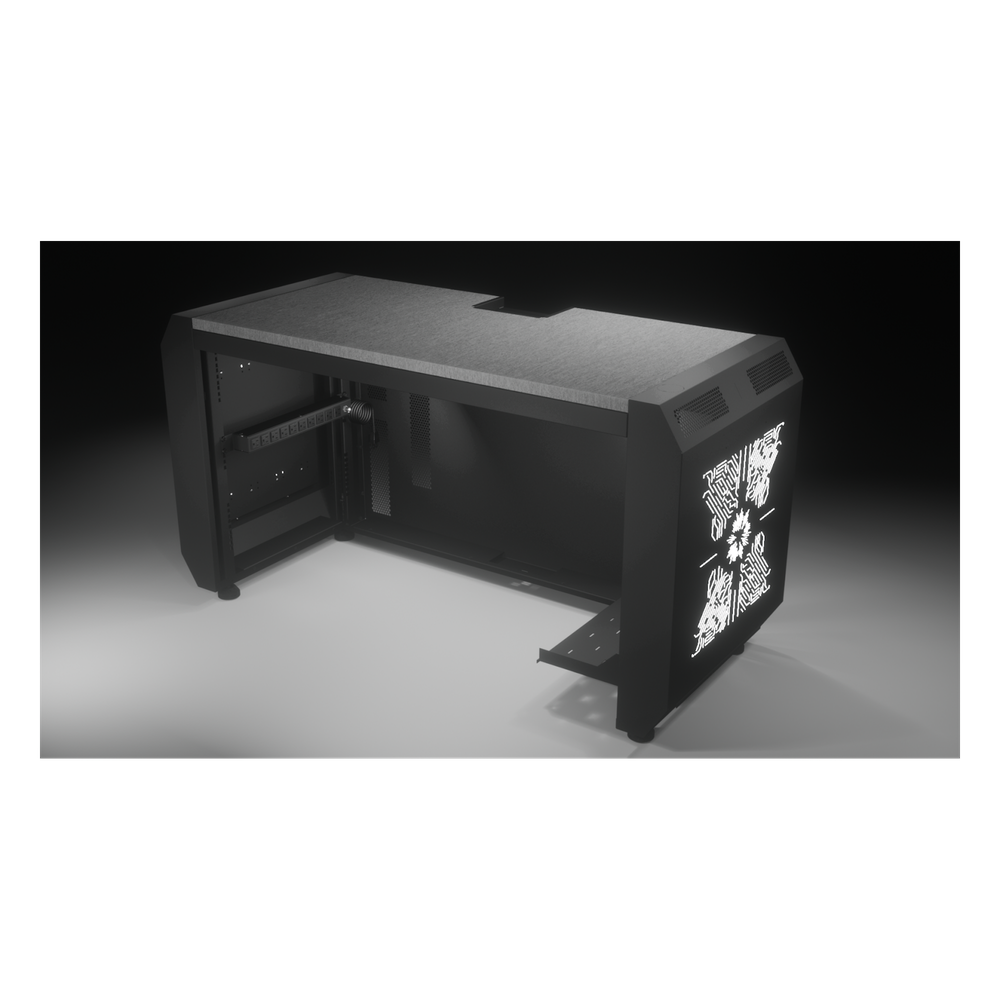 Consola Profesional para Monitoreo o Computo | Ranura para Base de Monitores | Microperforaciones | Luces LED Decorativas | Tomacorriente HTCM1U10C |