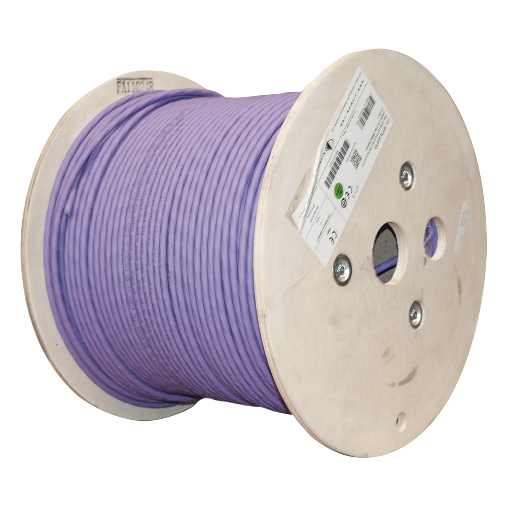 Bobina de Cable Blindado S/FTP de 4 Pares, Cat7A, Inmune a Ruido e Interferencias, LS0H (Bajo Humo, Cero Halógenos), Color Violeta, 305 Metros (1000
