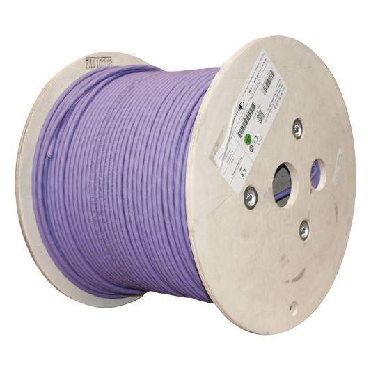 Bobina de Cable Blindado S/FTP de 4 Pares, Cat7A, Inmune a Ruido e Interferencias, LS0H (Bajo Humo, Cero Halógenos), Color Violeta, 305 Metros (1000