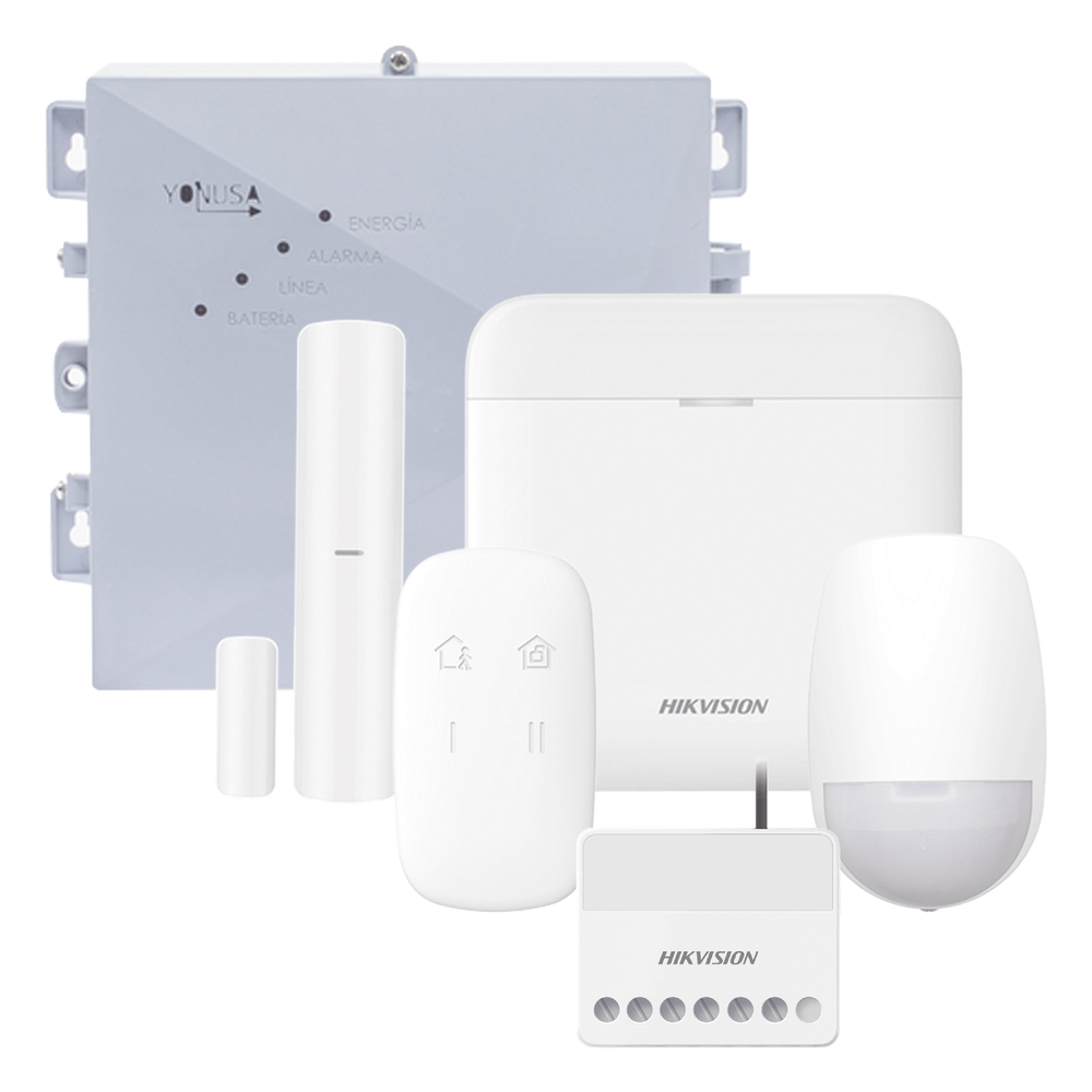 (AX PRO + YONUSA) KIT de Alarma AX PRO / Incluye: 1 Hub con bateria de respaldo / 1 Energizador 2500Mts Lineales / 1 Relevador 0 a 36 Vcc (Max. 5 A)