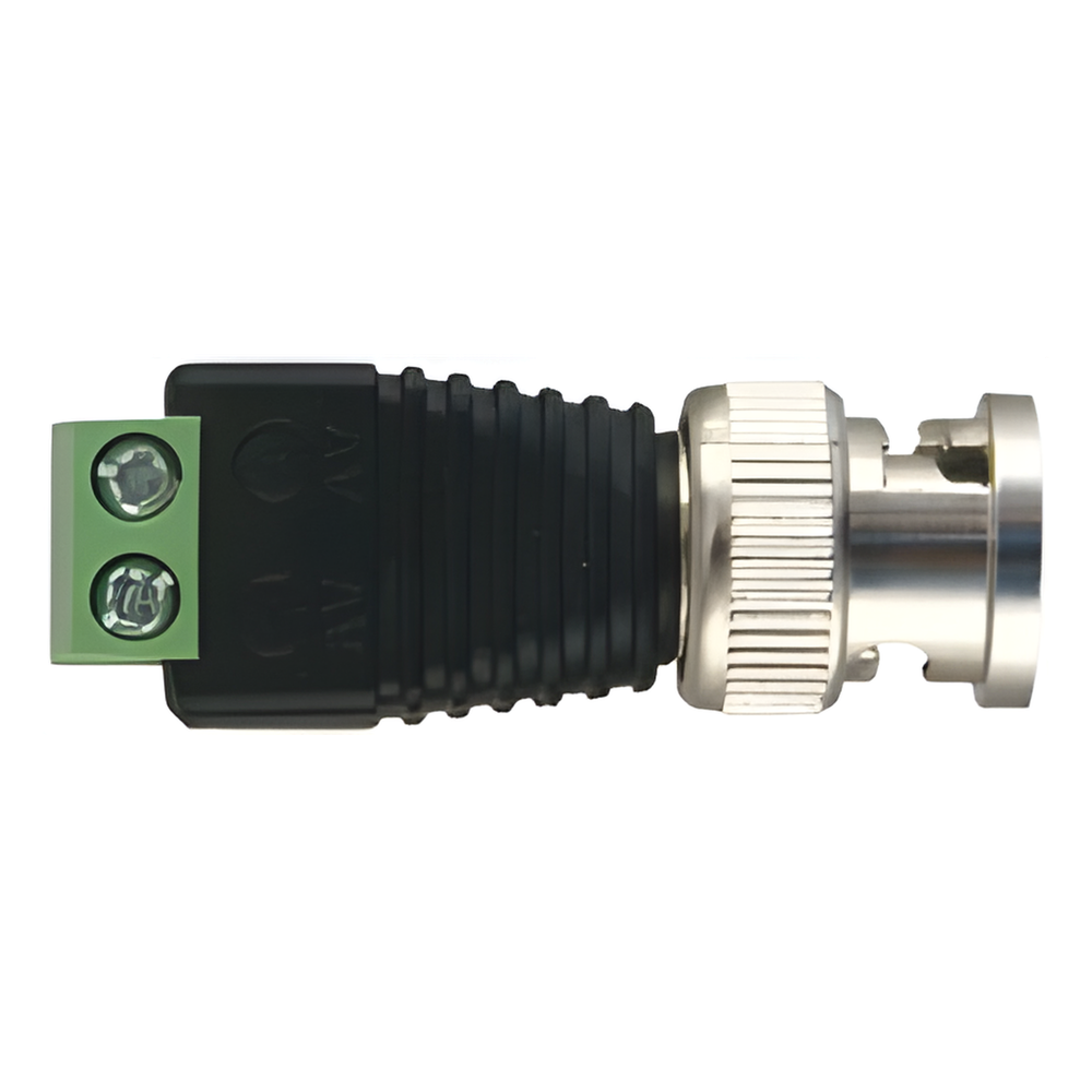 Adaptador de conector BNC macho a 2 terminales-tornillo para cables AWG-26-14, en aplicaciones Video Vigilancia, Níquel/ Oro/ PTFE y PVC.