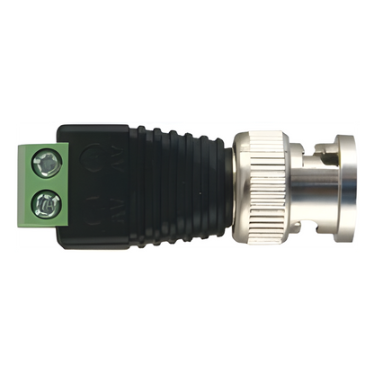 Adaptador de conector BNC macho a 2 terminales-tornillo para cables AWG-26-14, en aplicaciones Video Vigilancia, Níquel/ Oro/ PTFE y PVC.