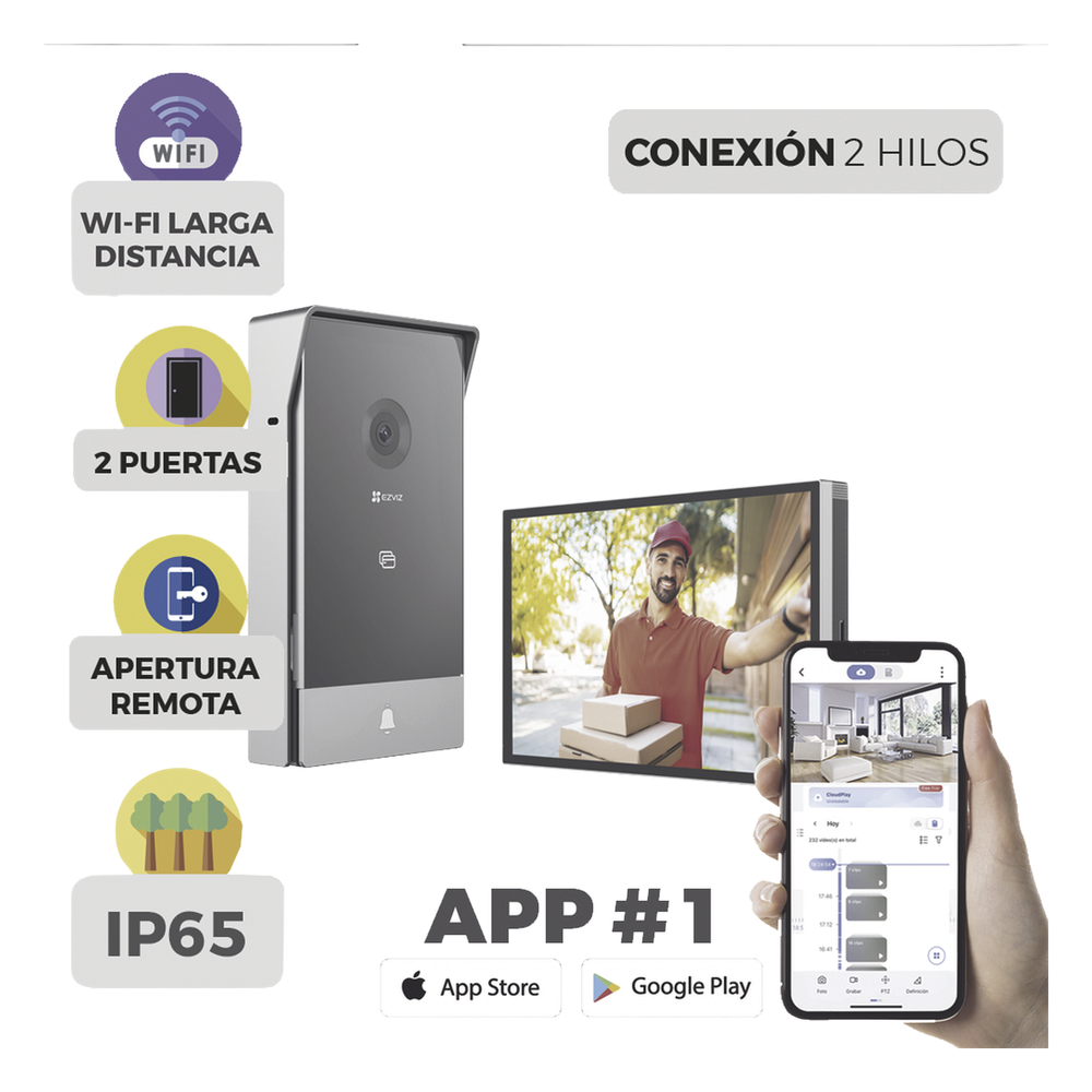 Videoportero IP Conexión a 2 Hilos / Con Monitor Wi-Fi para Interior / Frente de Calle IP65 Uso En Exterior Debe Tener Protección / Cámara 3