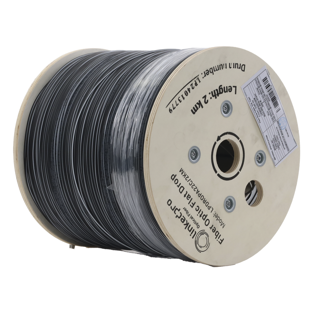 Carrete de 2 km de Fibra Óptica Drop Plana, Interior/Exterior G.657A2 Monomodo de 2 Hilos (Bifibra), Dieléctrica, Forro Negro, (No Soporta Conectores