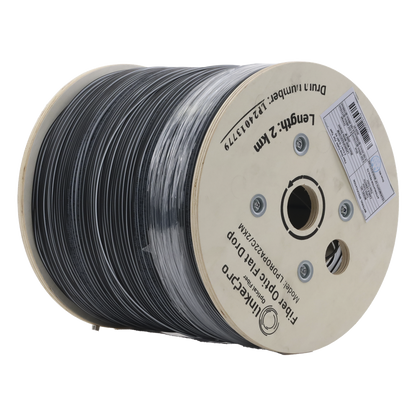 Carrete de 2 km de Fibra Óptica Drop Plana, Interior/Exterior G.657A2 Monomodo de 2 Hilos (Bifibra), Dieléctrica, Forro Negro, (No Soporta Conectores