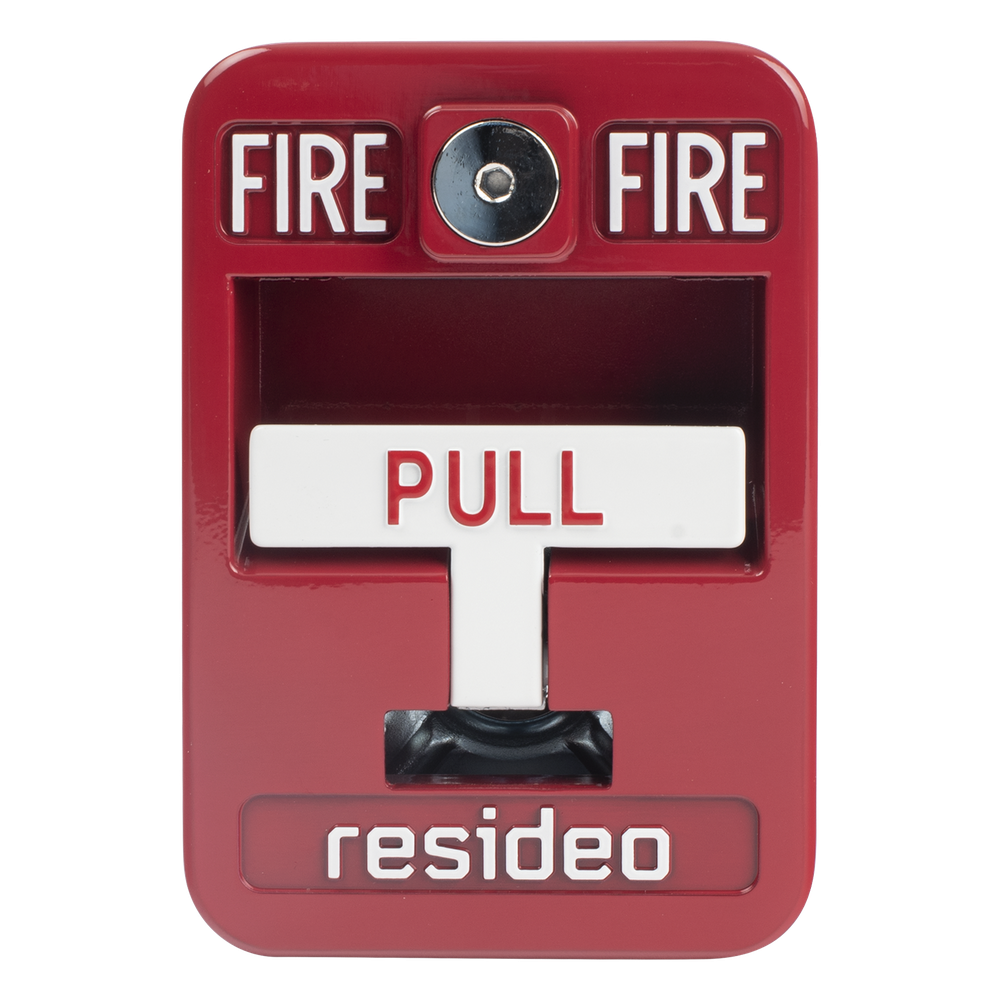 Estación manual de jalón contra incendio de acción simple, reset con llave Allen, cumple ADA, carcasa de aluminio fundido